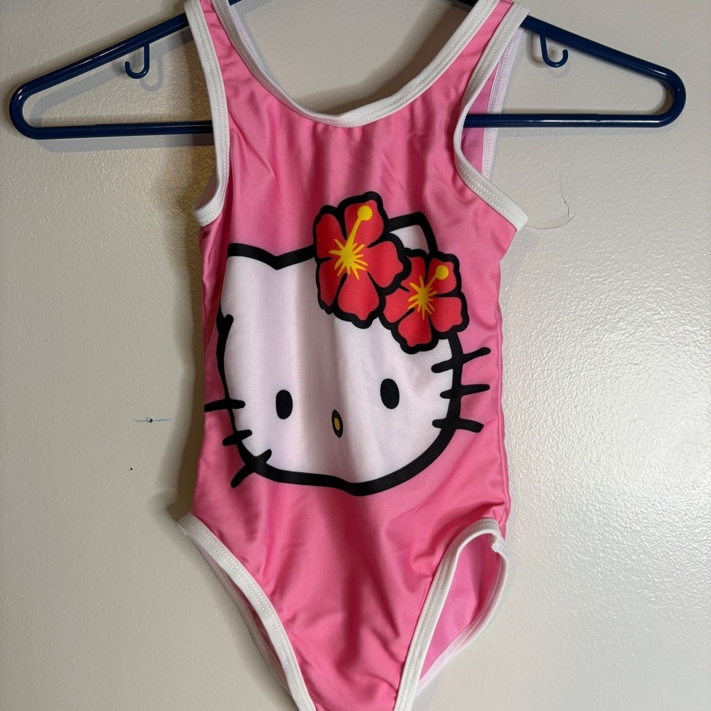 Hello Kitty‎ Sanrio Girls m 7/8 Pink One Piece Swimsuit Hibiscus UPF 50+NEW